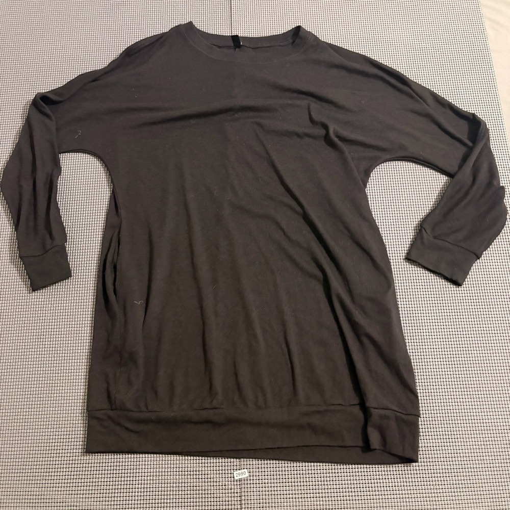 PrinStory Womens Black Long Sleeve Crewneck Pockets Tunic Top Size L